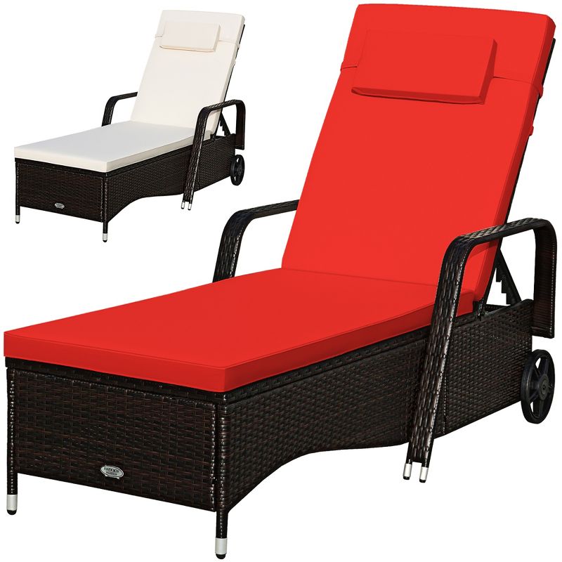 Patio Rattan Lounge Chair Chaise Recliner Adjust Cushion Red & Off White Cover, 2 of 11