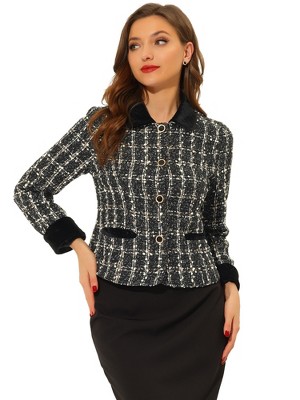 Unique Bargains Women's Plaid Tweed Blazer Long Sleeve Open Front Work  Jacket L Black 
