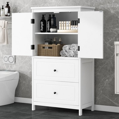 43.30"Bathroom Storage Cabinet, Cabinet with Two Doors and Drawers, Adjustable Shelf, Black
