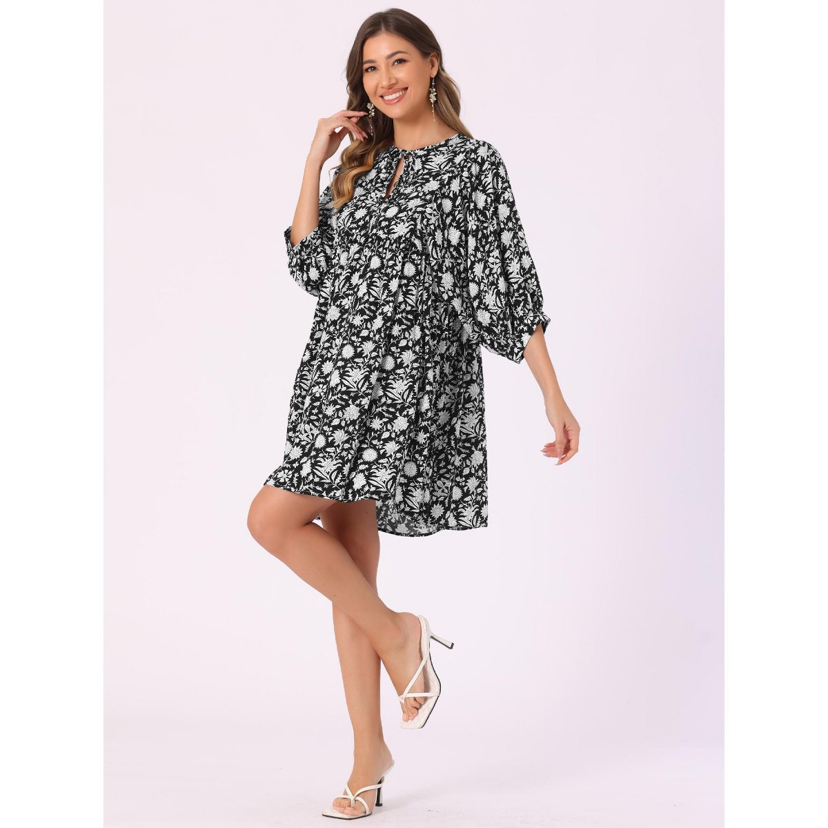 Женские платья INSPIRE CHIC Women's Floral V Neck 3/4 Sleeve Casual Mini Flare Dress Black Small — фото 3