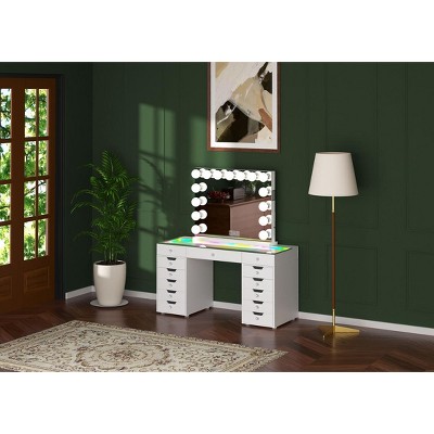VANITII Eva Vanity Desk - 13 Storage Drawers, Full Light with LED Bulbs Bluetooth Mirror