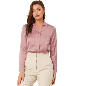 INSPIRE CHIC Women's Elegant V Neck Long Sleeve Office Work Satin Shirt - 1 of 4