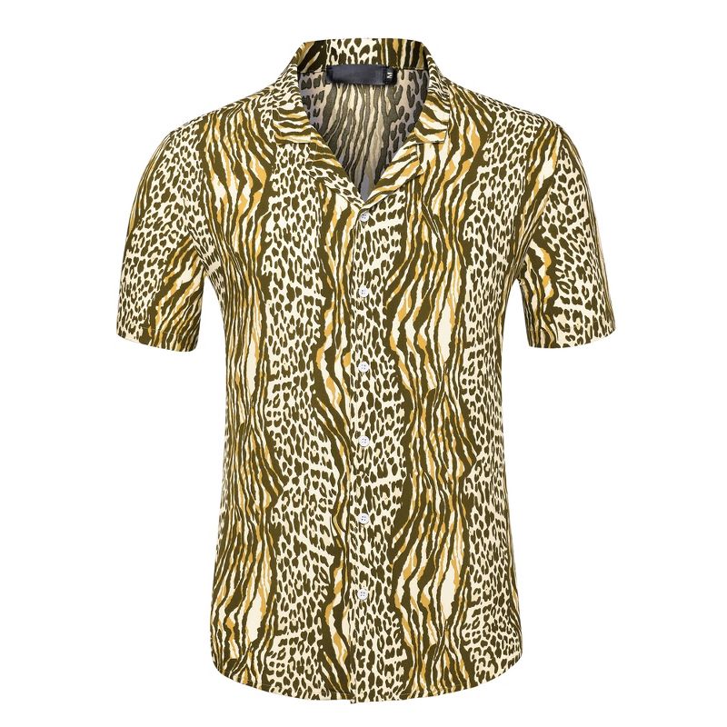 Lars Amadeus Men's Animal Leopard Printed Camp Collar Short Sleeves Button Down Summer Shirt, 2 of 7