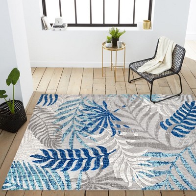 Gray and Blue Palm Leaves 8' x 10' Synthetic Indoor/Outdoor Area Rug