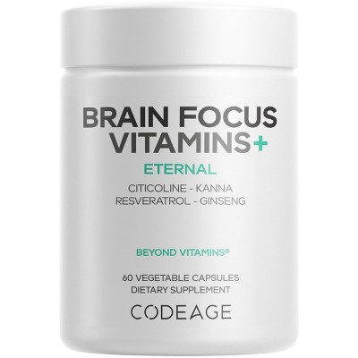 Codeage Brain Focus Vitamins+, Citicoline, Vitamin B12, Ginseng Resveratrol, Gotu Kola, Kanna - 60ct