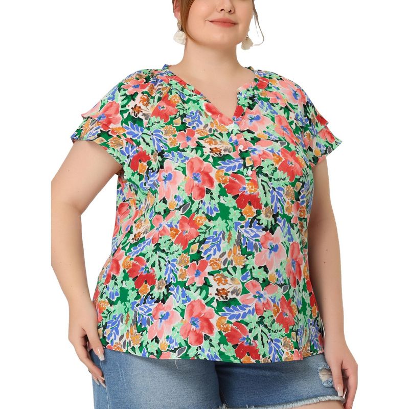Agnes Orinda Women's Plus Size Floral Ruffle Trim V Neck Button Layered Sleeve Blouses, 3 of 7