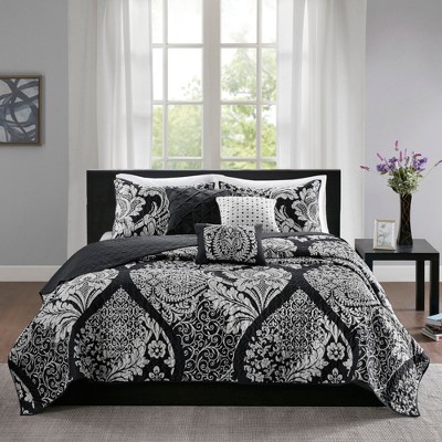 6Pcs Reversible Cotton coverlet Set Intricate Damask Quilted Transitional Bedding for All Seasons, Cotton Blend with Embroidered Pillows