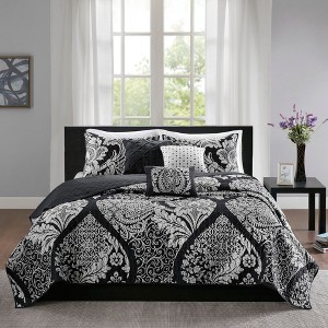 6Pcs Reversible Cotton coverlet Set Intricate Damask Quilted Transitional Bedding for All Seasons, Cotton Blend with Embroidered Pillows - 1 of 4