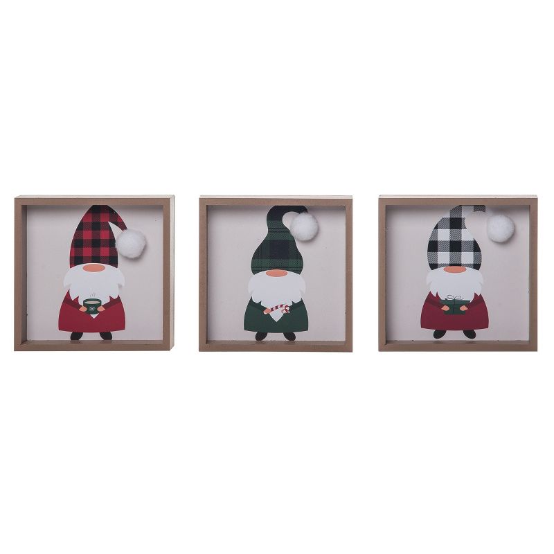 Transpac Wood 5 in. Multicolored Christmas Plaid Holiday Gnome Block Decor Set of 3, 1 of 2