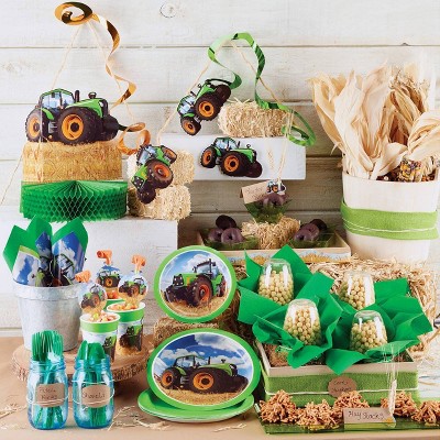 Green Farm Tractor Party Supplies Set 24 9 Plates 24 7 Plate 24 9 Oz Cups 50 Lunch Napkins for Animal Barn Birthday Parties Baby Shower Barnyard Cowboy Cowgirl Tractors Themed Disposable Tableware