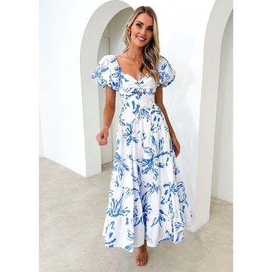 Coolmee Women's Spring Dresses Puff Sleeve Flowy Casual Floral Maxi Dress  Smocked Tiered Long Dress Blue XL : Target