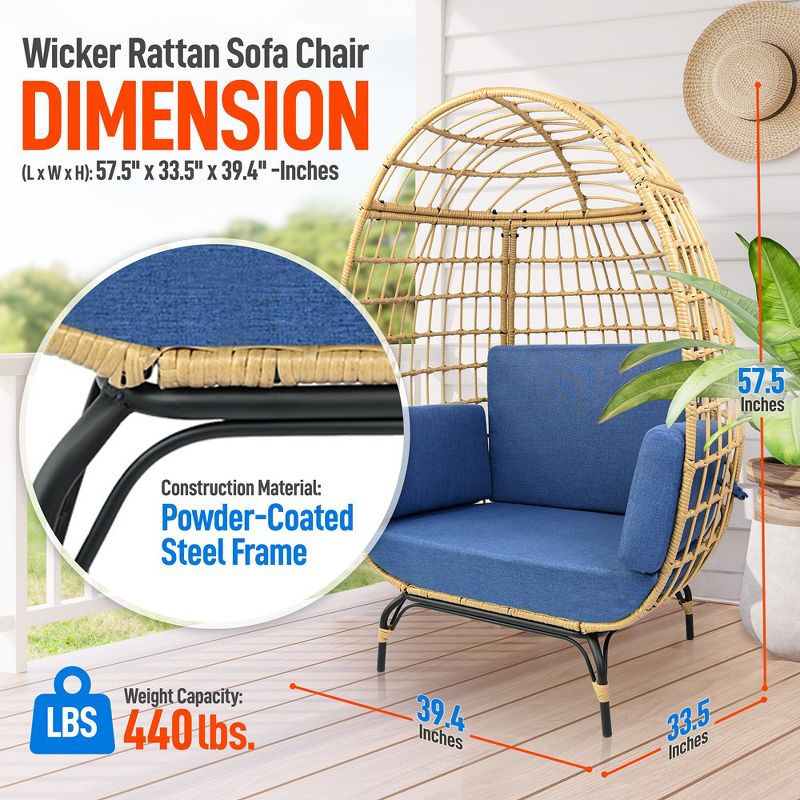 SereneLife Wicker Rattan Egg Chair, Indoor Outdoor Blue Sofa Chair for Patio Backyard and Living Room with 4 Cushions and Powder Coated Steel Frame, 2 of 10