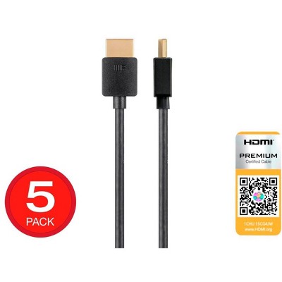 Monoprice HDMI Cable - 3 Feet - Black (5 Pack) Certified Premium, High Speed, 4K@60Hz HDR, 18Gbps 36AWG YUV 4:4:4, Compatible with UHD TV / PS4 Pro /