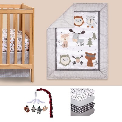 The Peanutshell Woodland Walk Crib Bedding Set, 4pc to 8pc, Grey Animal