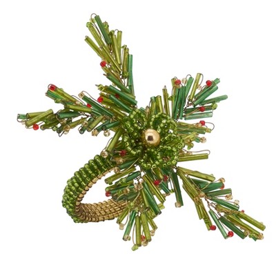 Green Beaded Pine Design Holiday Napkin Rings Set of 4