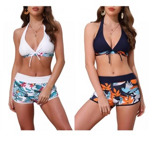 INSPIRE CHIC Women's Leaf Print Color Block Halter Top Boyshorts Bottom Swimwear Bathing Bikini Suits 2 Sets - 1 of 4