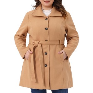 Women's Plus Size Lapel Long Sleeves Pockets Winter Casual Single Breasted Pea Coat with Belt - Agnes Orinda - 1 of 4
