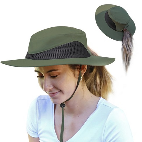 Tirrinia Womens Sun Hat Extra Wide Brim Ponytail Boonie Fishing Safari  Hiking Cap, Green