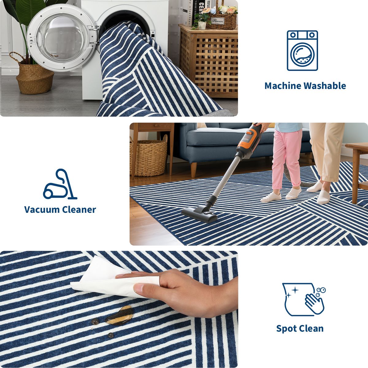 Modern Rug for Living Room Geometric Striped Floor Mat with Non-Slip Backing, Foldable Ultra-Thin Bedroom Carpet, Non-Shedding Low Pile Indoor Carpet - thumbnail 8