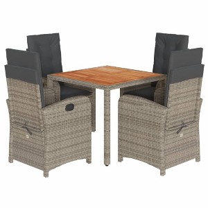 vidaXL 5 Piece Patio Dining Set - Gray Poly Rattan with Cushions - Outdoor Garden Furniture with Adjustable Backrest & Tempered Glass Tabletop - 1 of 4