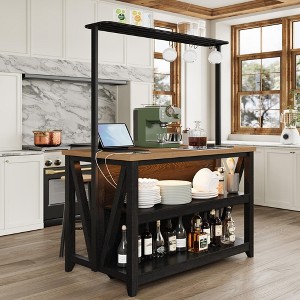 Wooden Kitchen Island, Bakers Rack with Storage, Large Kitchen Island Table with 3 Tier Microwave Stand Oven Shelf, 6 Hooks - 1 of 4