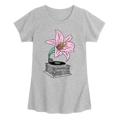 Girls' - Instant Message - Record Player Lily -Youth Girls Short Sleeve T-Shirt Fitted Short Sleeve Graphic T-Shirt