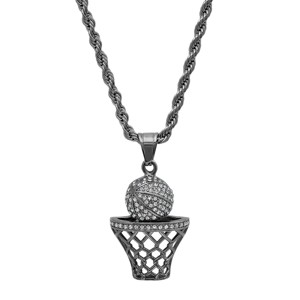 Steeltime Men's stainless steel simulated diamond basketball and hoop pendant. Color Options: Silver, Gold, Black - 1 of 4