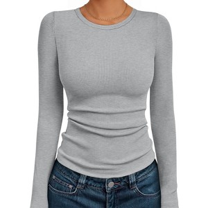 Women's Long Sleeve Knit Shirts Tops Soft Crewneck Blouse Stretch Fitted Fall Business Casual Y2K Outfits - 1 of 4
