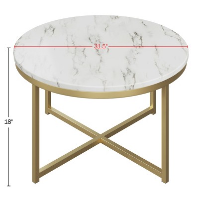Lavish Home Round Coffee Table With Faux Mable Top And Metal Crossbeam ...