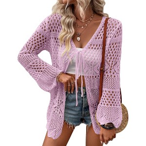 Women's Crochet Cardigan Long Sleeve Tie Front Hollow Out Thin Cardigan - 1 of 3