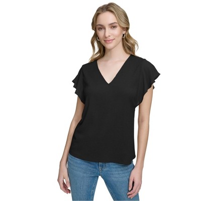 Calvin Klein Womens Chiffon Trim Pullover Blouse
