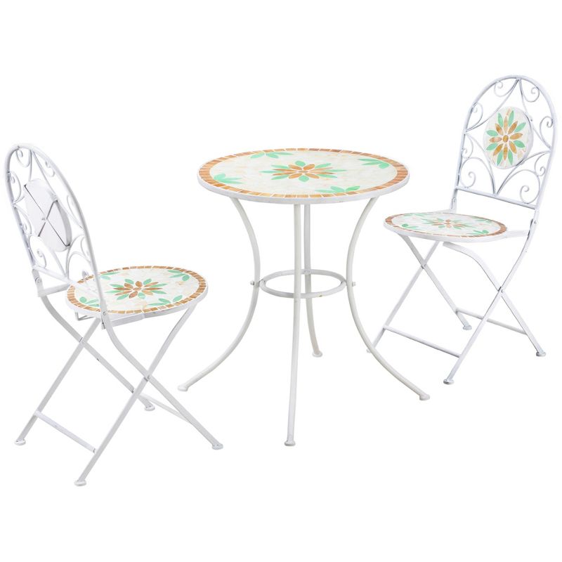 Outsunny 3 Piece Patio Bistro Set, Metal Folding Chairs, Foldable Outdoor Dining Table, Stone Flower Mosaic Spring Flower Pattern, White, 4 of 7