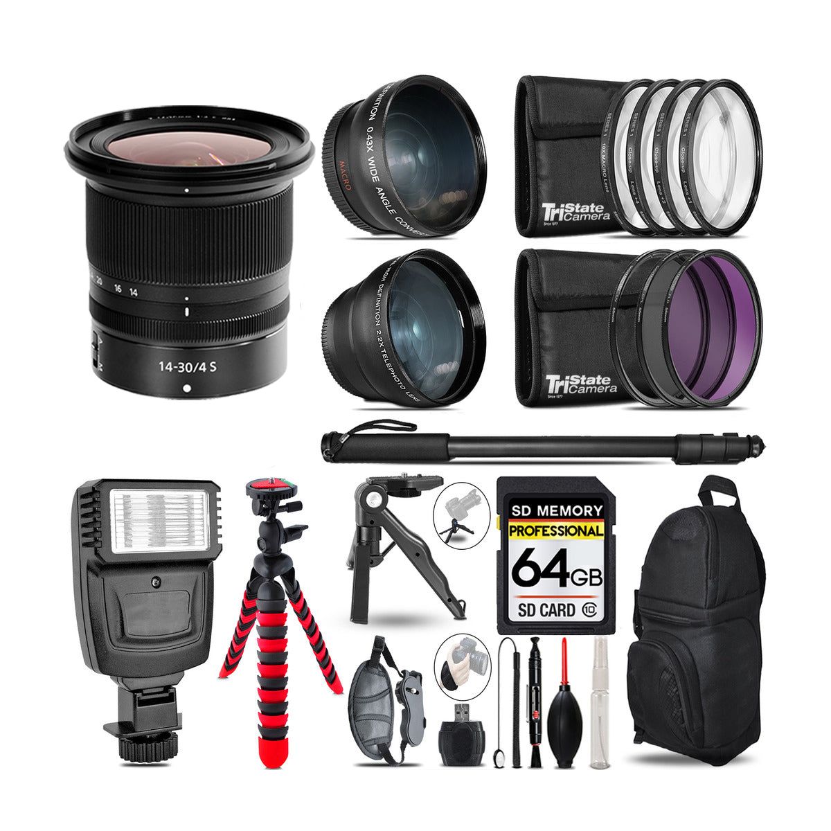 Nikon NIKKOR Z 14-30mm S Lens -3 Lens Kit + Slave Flash + Tripod - 64GB Kit