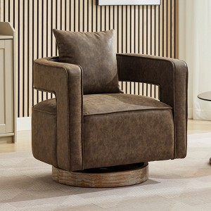 Hrinhom Faux Leather Swivel Chair,Modern Barrel Chair with Wooden Base and Pillow - 1 of 4