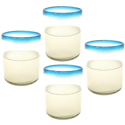 Dos Sueños Mexican Hand Blown Tumblers - Aqua Rim - 10oz - Set of 4