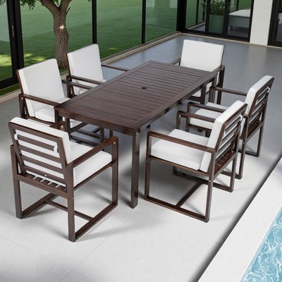 7-Piece Outdoor Patio Acacia Wood Dining Set with Umbrella Hole and 6 Cushioned Armchairs