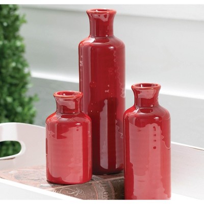 Red Ceramic Bottle Vase Set in Three Sizes