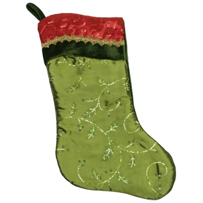 Northlight 20" Red and Green Leaf with Wavy Sequined Cuff Christmas Stocking