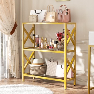 Aheaplus 3 Tier Bookshelf with Tempered Glass Shelf, Metal Frame Storage Shelf with LED Light