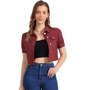 Allegra K Women's Casual Point Collar Button Down Puff Sleeve Crop Denim Jackets - 1 of 4