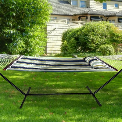 Dark Green Striped Cotton Outdoor Hammock with Steel Stand