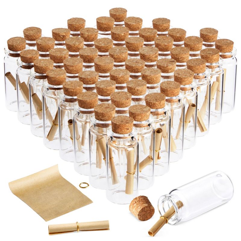 Bright Creations 48 Pack 10ml Create A Message In A Bottle Kit, Bulk Small Glass Cork Bottles with Scrolls for Wedding Favors, 1 of 10