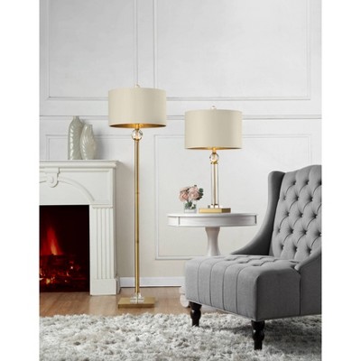 29.5" Gold and Crystal Column Table Lamp with White Linen Shade