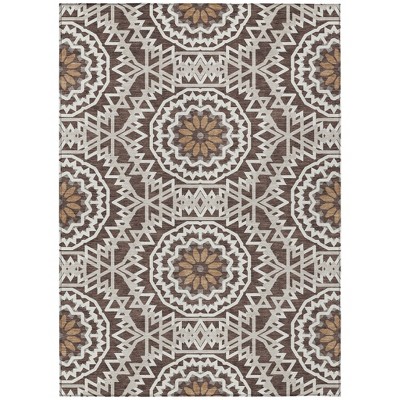 Chocolate Ivory And Taupe Floral Medallion Washable Indoor Outdoor Area Rug