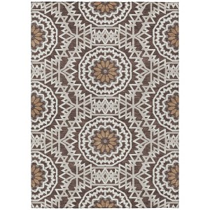 Chocolate Ivory And Taupe Floral Medallion Washable Indoor Outdoor Area Rug - 1 of 4