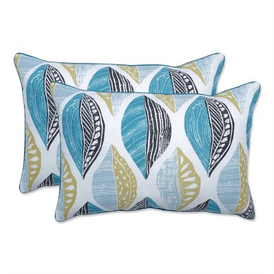 Pillow Perfect Set of 2 Leaf Block Outdoor/Indoor Oversized Rectangular Throw Pillows Teal/Citron