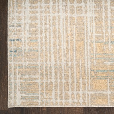 Beige Blue Abstract Polyester Machine Washable Runner Rug