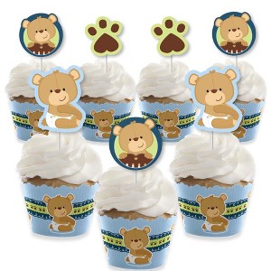 Big Dot of Happiness Baby Boy Teddy Bear - Cupcake Decoration - Baby Shower Cupcake Wrappers and Treat Picks Kit - Set of 24 - 1 of 4