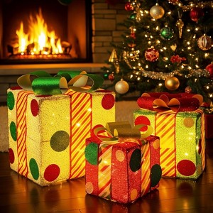 Christmas Lighted Gift Boxes: 3Pack Boxes with led Lights, Pre-lit Present Box with Bowknot - 1 of 4