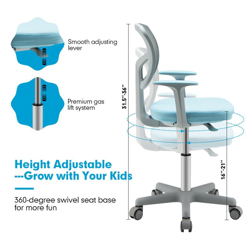 Costway Kids Desk Chair Adjustable Height Children Study Chair w/Auto Brake Casters Blue / Pink, 5 of 11
